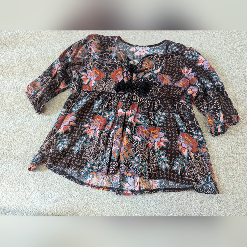 Jaase Handshaped In The Shed By Anthropologie 100% Rayon Boho Blouse With Ties